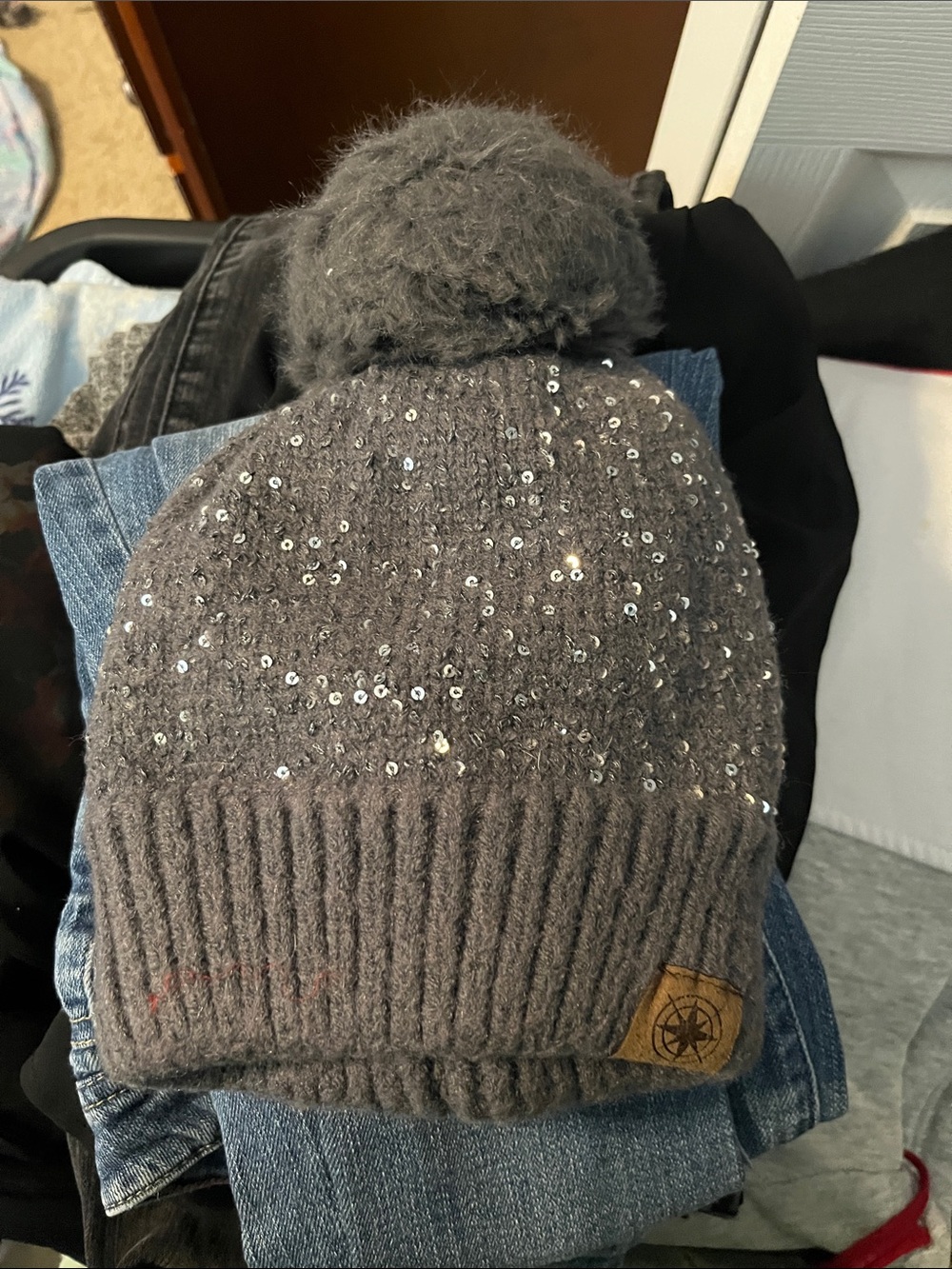 Girls' Gray Pom-Pom Beanie Hat with Sequins